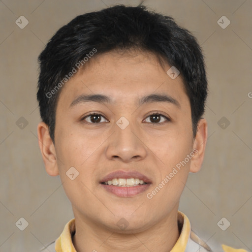 Joyful asian young-adult male with short  brown hair and brown eyes