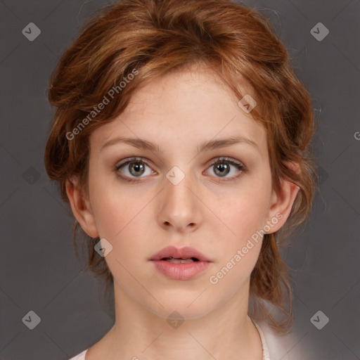 Neutral white young-adult female with medium  brown hair and grey eyes