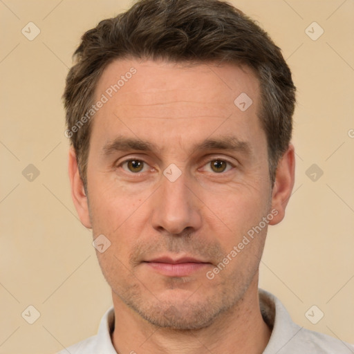 Neutral white adult male with short  brown hair and brown eyes