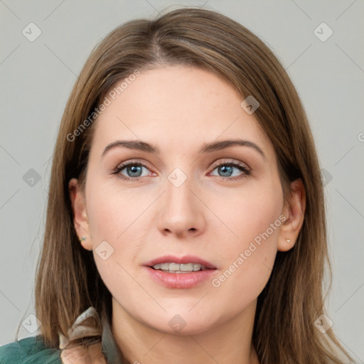 Neutral white young-adult female with long  brown hair and grey eyes