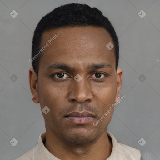 Neutral black young-adult male with short  black hair and brown eyes