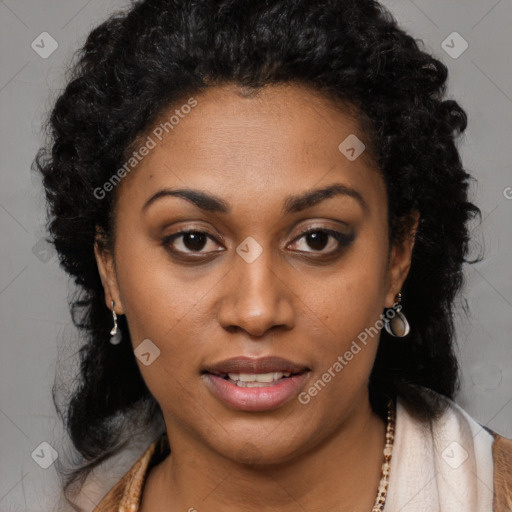 Joyful black young-adult female with long  brown hair and brown eyes