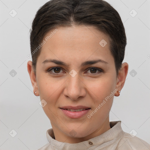 Joyful white young-adult female with short  brown hair and brown eyes