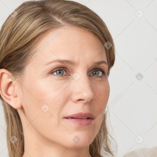 Neutral white young-adult female with medium  brown hair and grey eyes