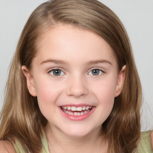 Joyful white child female with medium  brown hair and blue eyes