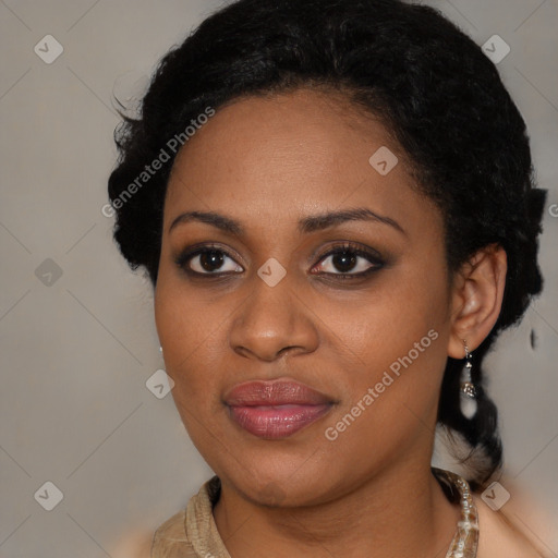 Joyful latino young-adult female with medium  black hair and brown eyes