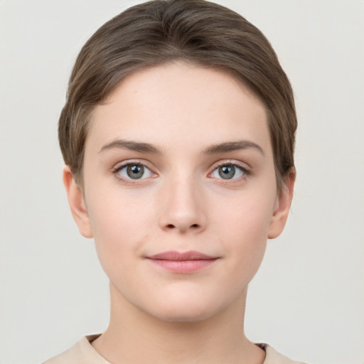 Neutral white young-adult female with short  brown hair and grey eyes