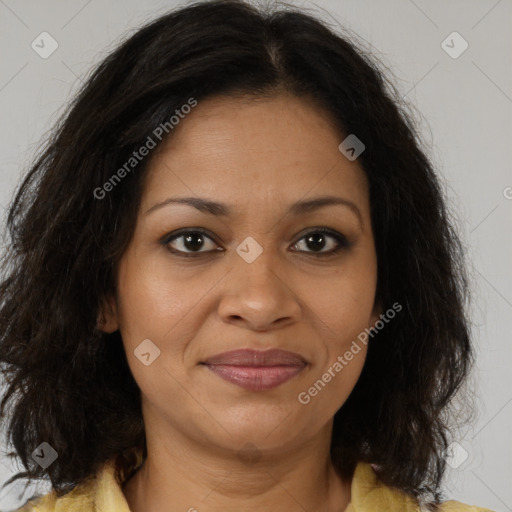Joyful black adult female with medium  brown hair and brown eyes