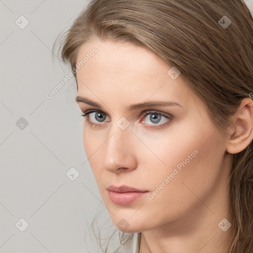 Neutral white young-adult female with long  brown hair and grey eyes