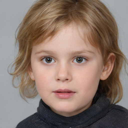 Neutral white child female with medium  brown hair and grey eyes