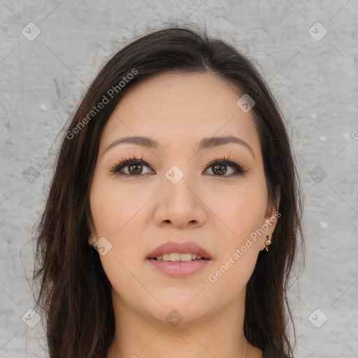 Joyful white young-adult female with long  brown hair and brown eyes