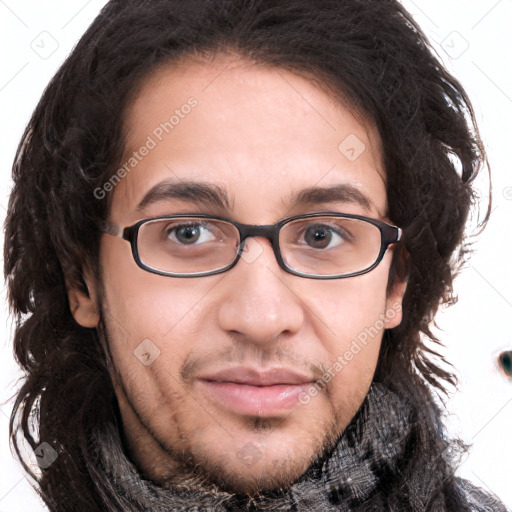 Joyful white young-adult male with medium  brown hair and brown eyes