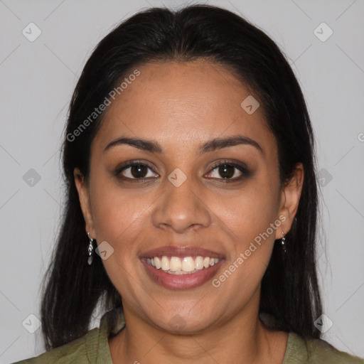 Joyful latino young-adult female with medium  brown hair and brown eyes