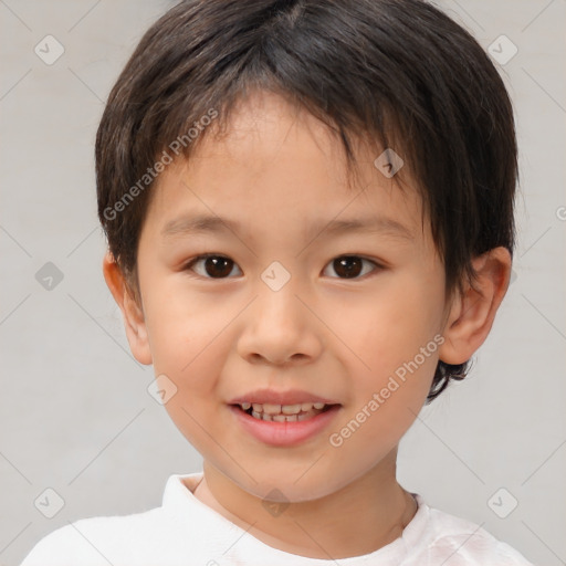 Joyful white child female with short  brown hair and brown eyes
