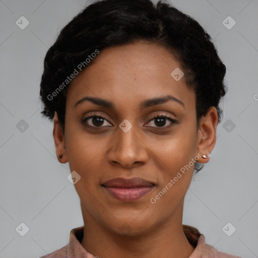 Joyful latino young-adult female with short  black hair and brown eyes