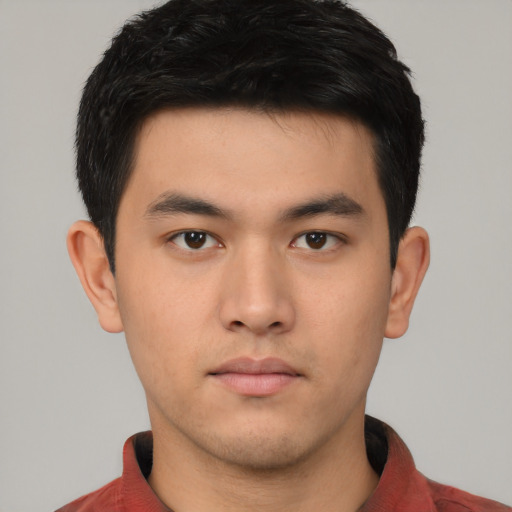 Neutral asian young-adult male with short  black hair and brown eyes