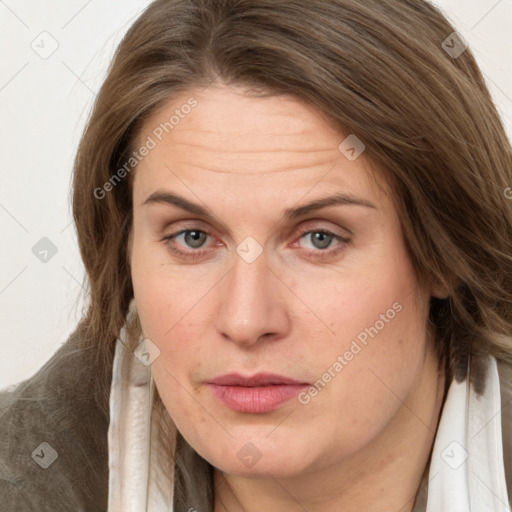 Joyful white adult female with long  brown hair and brown eyes