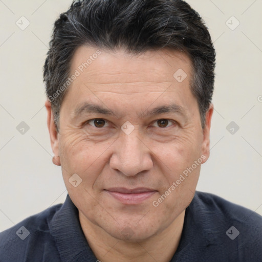 Joyful white middle-aged male with short  brown hair and brown eyes