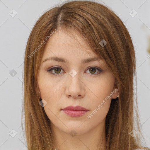 Neutral white young-adult female with long  brown hair and brown eyes