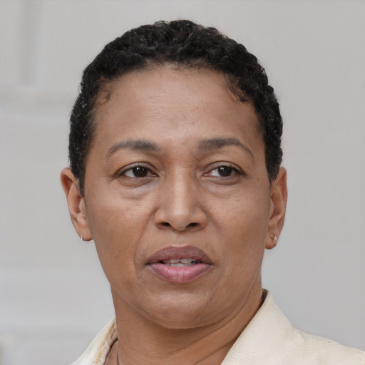 Joyful latino adult female with short  brown hair and brown eyes