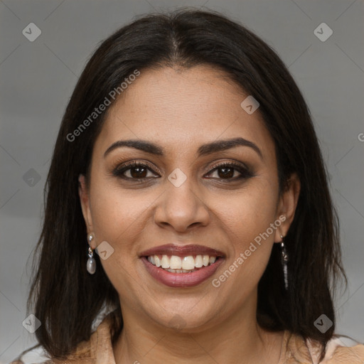 Joyful white young-adult female with medium  brown hair and brown eyes