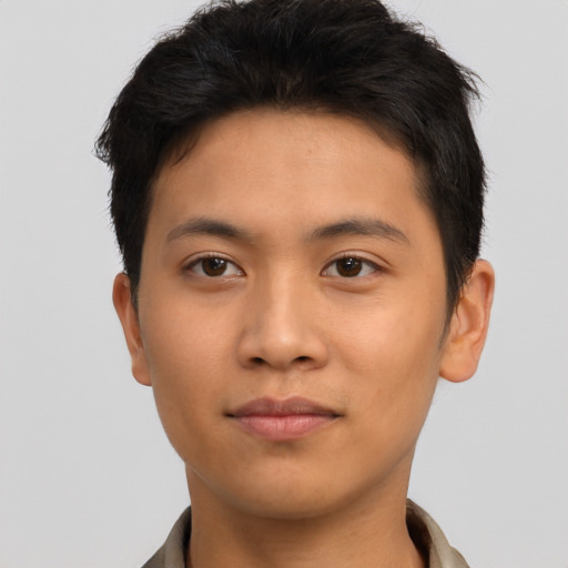 Neutral asian young-adult male with short  brown hair and brown eyes