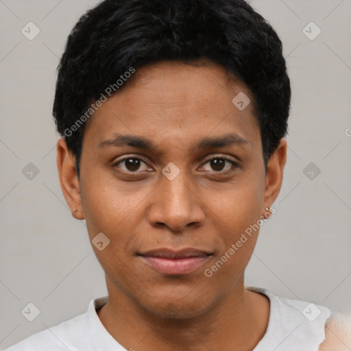 Joyful latino young-adult female with short  black hair and brown eyes
