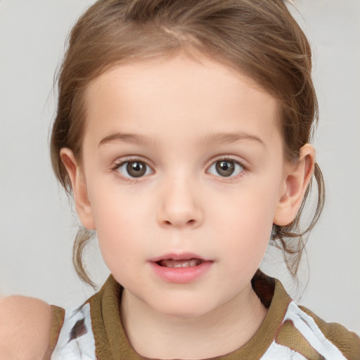 Neutral white child female with medium  brown hair and grey eyes