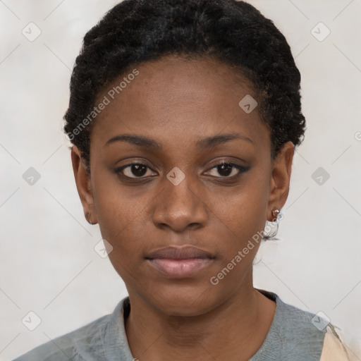 Neutral black young-adult female with short  black hair and brown eyes