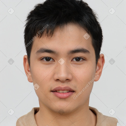 Neutral asian young-adult male with short  brown hair and brown eyes