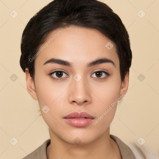 Neutral white young-adult female with short  brown hair and brown eyes