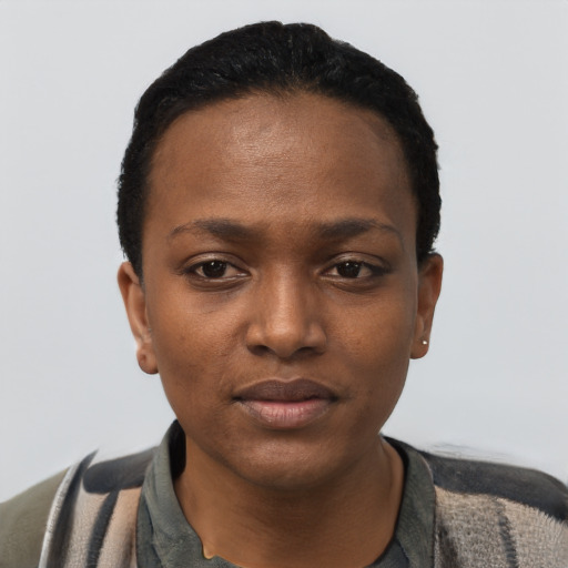 Neutral black young-adult female with short  black hair and brown eyes