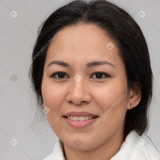 Joyful white young-adult female with medium  brown hair and brown eyes