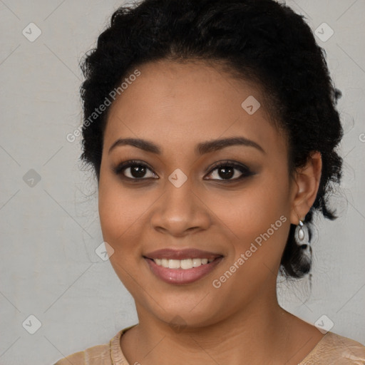 Joyful latino young-adult female with long  black hair and brown eyes