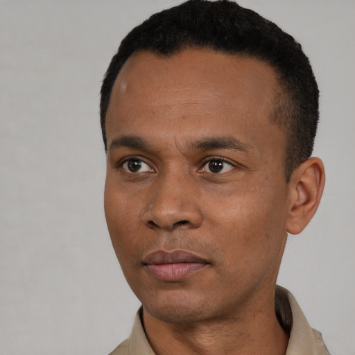 Neutral black young-adult male with short  black hair and brown eyes