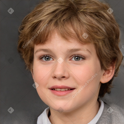 Joyful white child female with medium  brown hair and brown eyes