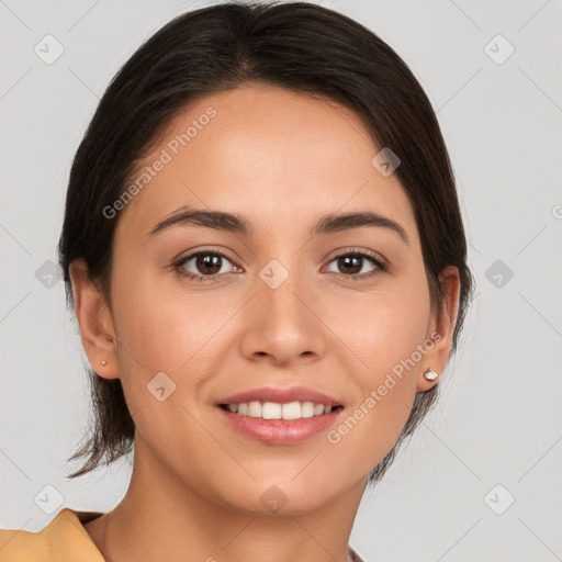 Joyful white young-adult female with medium  brown hair and brown eyes