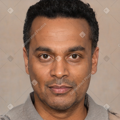 Neutral latino adult male with short  black hair and brown eyes