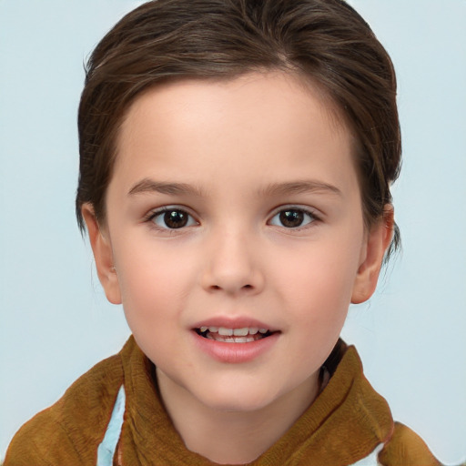 Joyful white child female with short  brown hair and brown eyes