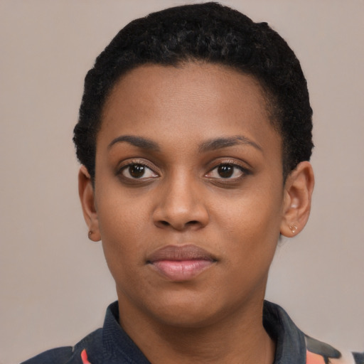 Neutral black young-adult female with short  black hair and brown eyes