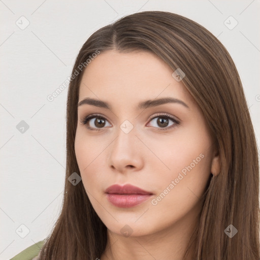 Neutral white young-adult female with long  brown hair and brown eyes