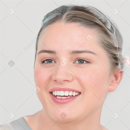 Joyful white young-adult female with medium  brown hair and blue eyes