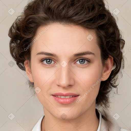 Joyful white young-adult female with medium  brown hair and green eyes