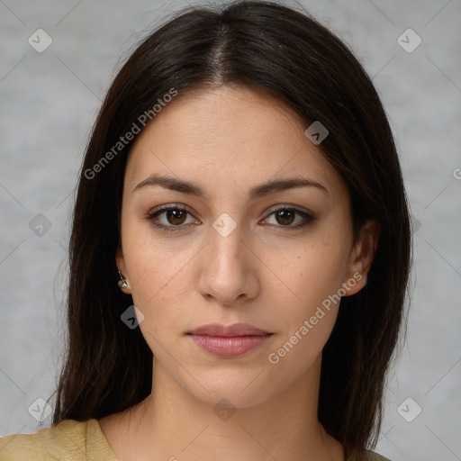 Neutral white young-adult female with medium  brown hair and brown eyes