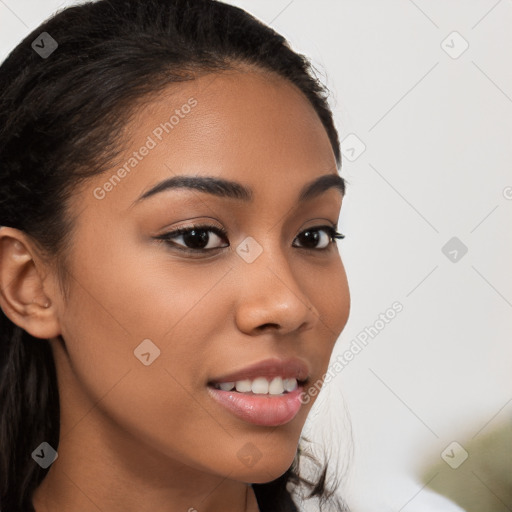 Joyful latino young-adult female with long  brown hair and brown eyes