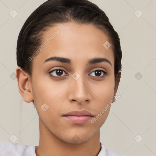 Neutral latino young-adult female with short  brown hair and brown eyes