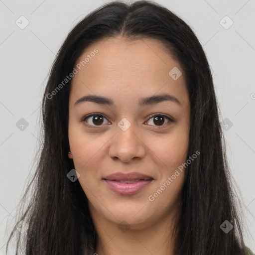 Joyful asian young-adult female with long  brown hair and brown eyes