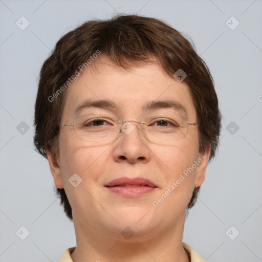 Joyful white adult female with short  brown hair and brown eyes