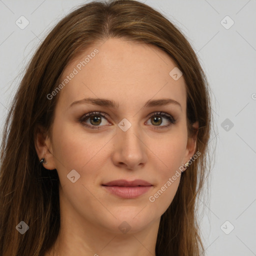 Joyful white young-adult female with long  brown hair and green eyes