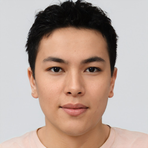 Neutral asian young-adult male with short  brown hair and brown eyes